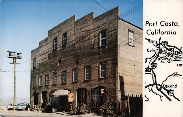 historic image of warehouse cafe in port costa california with hand drawn map on right side of image